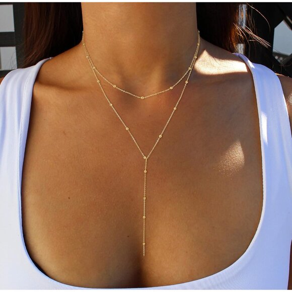 Gold Layered Y Necklace for Women Dainty 20 Plus 2 Extender Elegant Jewelry - Picture 2 of 7